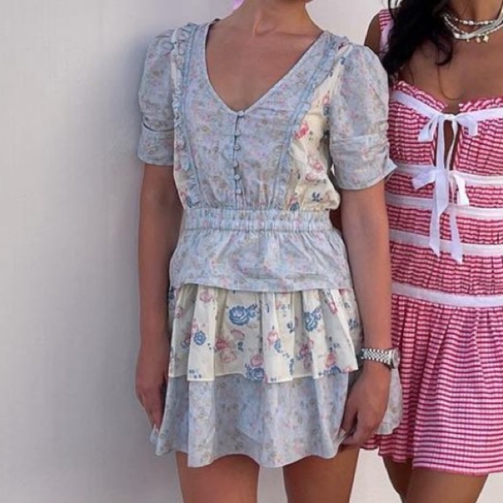 LoveShackFancy Pastel Floral Tiered Mini Dress in Light Blue and Cream - Picture 2 of 9
